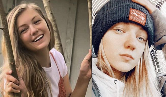 This combo of photos provided by FBI Denver via @FBIDenver shows missing person Gabrielle &amp;quot;Gabby&amp;quot; Petito. Petito, 22, vanished while on a cross-country trip in a converted camper van with her boyfriend. Authorities say a body discovered Sunday, Sept. 19, 2021, in Wyoming, is believed to be Petito. (Courtesy of FBI Denver via AP)