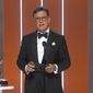 In this video grab issued Sunday, Sept. 19, 2021, by the Television Academy, Stephen Colbert presents the award for outstanding supporting actress in a drama series during the Primetime Emmy Awards. (Television Academy via AP)