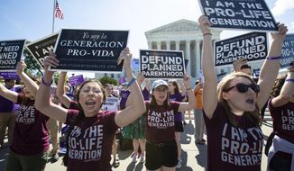 Pro-life and anti-abortion advocates demonstrate in front of the Supreme Court in Washington on June 25, 2018.  (AP Photo/J. Scott Applewhite, File)