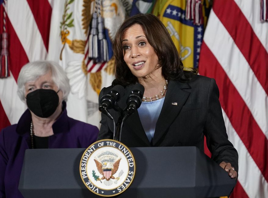 FILE - Vice President Kamala Harris, right, speaks as Treasury Secretary Janet Yellen listens during an event at the Treasury Department in Washington on Sept. 15, 2021. Harris will appear on the daytime talk series &amp;quot;The View&amp;quot; on Friday. (AP Photo/Susan Walsh, File)