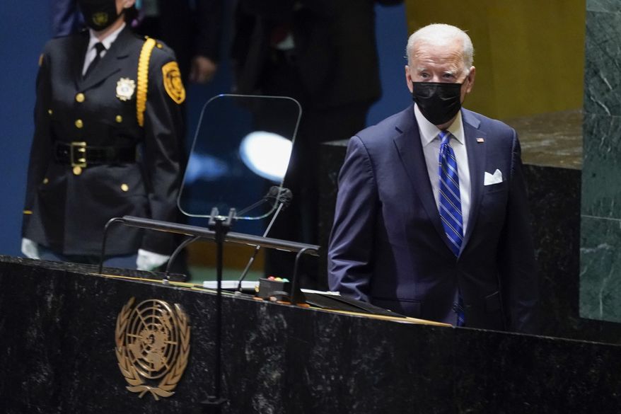 President Joe Biden arrives to deliver remarks to the 76th Session of the United Nations General Assembly, Tuesday, Sept. 21, 2021, in New York. (AP Photo/Evan Vucci)