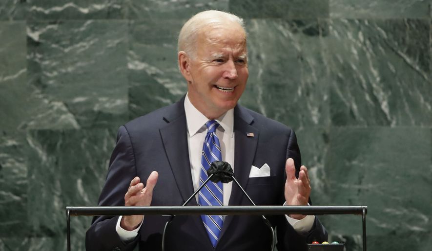 U.S. President Joe Biden speaks during the 76th Session of the United Nations General Assembly at U.N. headquarters in New York on Tuesday, Sept. 21, 2021.  (Eduardo Munoz/Pool Photo via AP)/Pool Photo via AP)