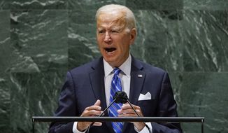 President Joe Biden speaks during the 76th Session of the United Nations General Assembly at U.N. headquarters in New York on Tuesday, Sept. 21, 2021.  (Eduardo Munoz/Pool Photo via AP)