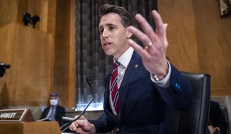 Sen. Josh Hawley, R-Mo., questions Secretary of Homeland Security Alejandro Mayorkas during a Senate Homeland Security and Governmental Affairs Committee hearing on Capitol Hill in Washington on Tuesday, Sept. 21, 2021. (Jim Lo Scalzo/Pool via AP) **FILE**