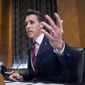 Sen. Josh Hawley, R-Mo., questions Secretary of Homeland Security Alejandro Mayorkas during a Senate Homeland Security and Governmental Affairs Committee hearing on Capitol Hill in Washington on Tuesday, Sept. 21, 2021. (Jim Lo Scalzo/Pool via AP) **FILE**