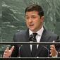 Ukraine President Volodymyr Zelenskiy speaks during the 76th session of the United Nations General Assembly, Wednesday, Sept. 22, 2021, at UN headquarters. (Eduardo Munoz/Pool Photo via AP)
