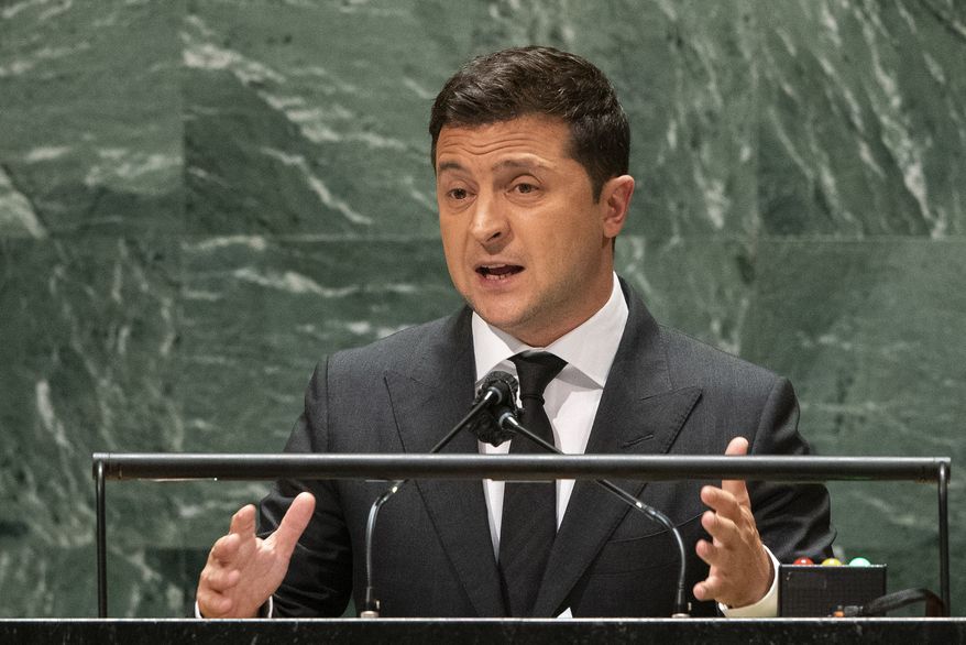 Ukraine President Volodymyr Zelenskiy speaks during the 76th session of the United Nations General Assembly, Wednesday, Sept. 22, 2021, at UN headquarters. (Eduardo Munoz/Pool Photo via AP)