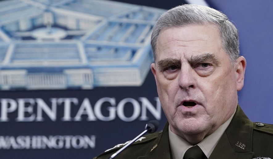 In this Sept. 1, 2021, file photo, Chairman of the Joint Chiefs of Staff Gen. Mark A. Milley speaks during a briefing with Secretary of Defense Lloyd Austin at the Pentagon in Washington. The top U.S. military officer met with his Russian counterpart Wednesday, Sept. 22, 2021, against the backdrop of U.S. struggles to get military basing rights and other counterterrorism support in countries bordering Afghanistan — a move Moscow has flatly opposed. (AP Photo/Susan Walsh, File)