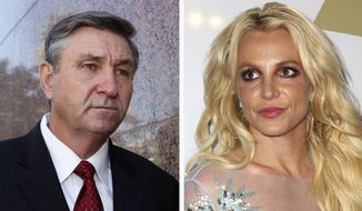 This combination photo shows Jamie Spears, left, father of Britney Spears, as he leaves the Stanley Mosk Courthouse on Oct. 24, 2012, in Los Angeles and Britney Spears at the Clive Davis and The Recording Academy Pre-Grammy Gala on Feb. 11, 2017, in Beverly Hills, Calif. Britney Spears&#39; father has filed to end the court conservatorship that has controlled the singer&#39;s life and money for 13 years. James Spears filed his petition to end the conservatorship in Los Angeles Superior Court on Tuesday, Sept. 7, 2021. (AP Photo/File)