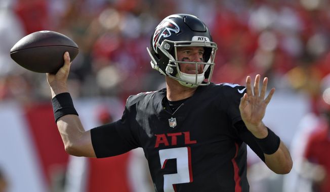 Atlanta Falcons quarterback Matt Ryan (2) throws a pass against the Tampa Bay Buccaneers during the first half of an NFL football game Sunday, Sept. 19, 2021, in Tampa, Fla. (AP Photo/Jason Behnken) **FILE**