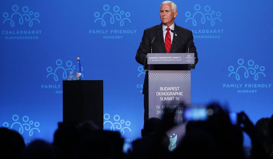 Former US Vice President Mike Pence holds a speech during the 4th Budapest Demographic Summit in Budapest, Hungary, Thursday, Sept. 23, 2021. The biannual demographic summit, which was first organized in 2015, offers a forum for &amp;quot;pro-family thinker&amp;quot; decision-makers, scientists, researchers, and church representatives of the same sort to exchange their thoughts about connections between demographics and sustainability. (AP Photo/Laszlo Balogh)