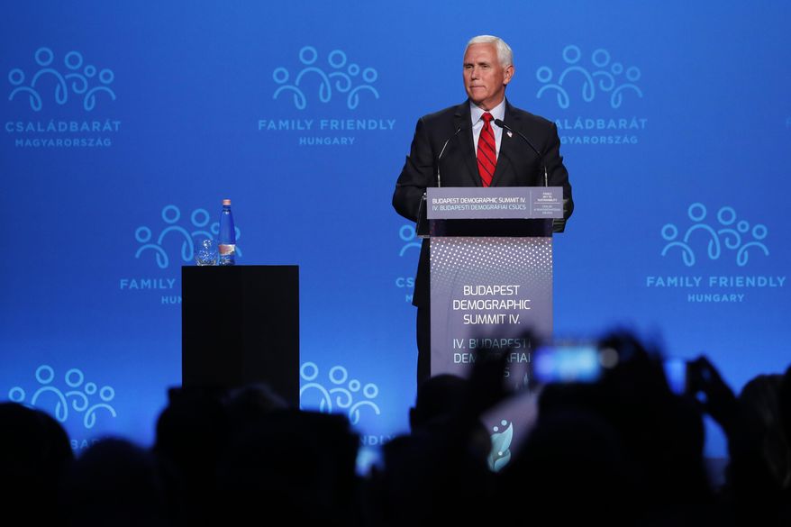 Former US Vice President Mike Pence holds a speech during the 4th Budapest Demographic Summit in Budapest, Hungary, Thursday, Sept. 23, 2021. The biannual demographic summit, which was first organized in 2015, offers a forum for &amp;quot;pro-family thinker&amp;quot; decision-makers, scientists, researchers, and church representatives of the same sort to exchange their thoughts about connections between demographics and sustainability. (AP Photo/Laszlo Balogh)