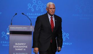 Former US Vice President Mike Pence after holding a speech during the 4th Budapest Demographic Summit in Budapest, Hungary, Thursday, Sept. 23, 2021. The biannual demographic summit, which was first organized in 2015, offers a forum for &amp;quot;pro-family thinker&amp;quot; decision-makers, scientists, researchers, and church representatives of the same sort to exchange their thoughts about connections between demographics and sustainability. (AP Photo/Laszlo Balogh)