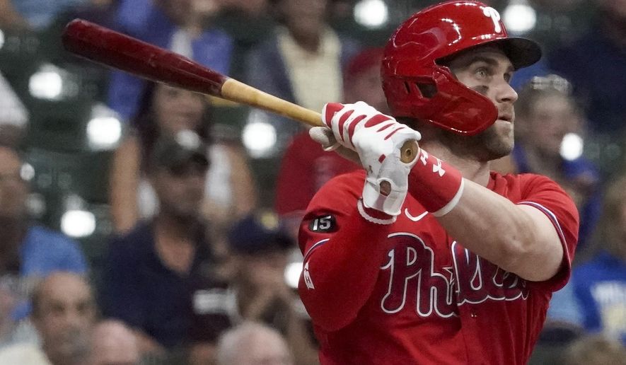Philadelphia Phillies&#x27; Bryce Harper hits a home run during the first inning of a baseball game against the Milwaukee Brewers Wednesday, Sept. 8, 2021, in Milwaukee. (AP Photo/Morry Gash)