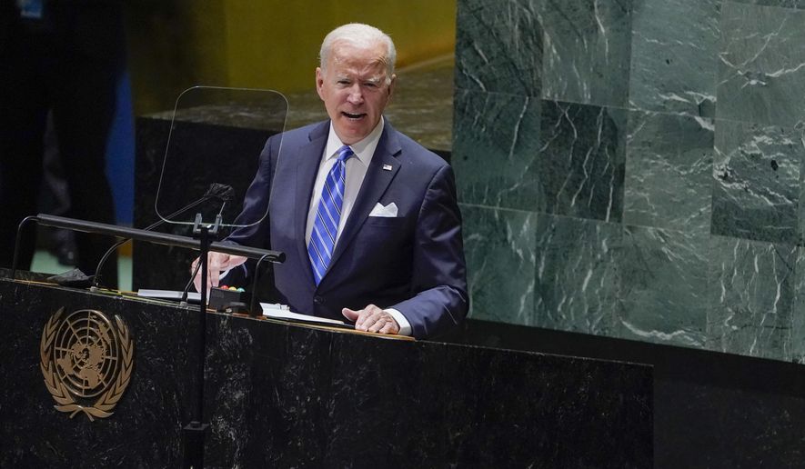 In this Sept. 21, 2021, file photo, President Joe Biden delivers remarks to the 76th Session of the United Nations General Assembly at the United Nations Headquarters. (AP Photo/Evan Vucci) ** FILE **
