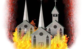 Illustration on church burnings by Alexander Hunter/The Washington Times