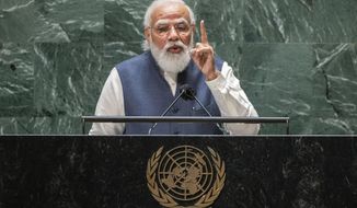 India&#39;s Prime Minister Narendra Modi addresses the 76th Session of the U.N. General Assembly at United Nations headquarters in New York, on Saturday, Sept. 25, 2021. (Eduardo Munoz /Pool Photo via AP)