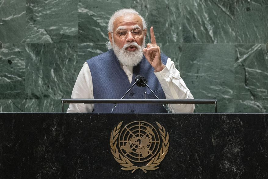 India&#x27;s Prime Minister Narendra Modi addresses the 76th Session of the U.N. General Assembly at United Nations headquarters in New York, on Saturday, Sept. 25, 2021. (Eduardo Munoz /Pool Photo via AP)