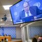 Russian Foreign Minister Sergey Lavrov is seen on a video screen as he speaks to reporters during a news conference during 76th session of the United Nations General Assembly, Saturday, Sept. 25, 2021, at United Nations headquarters. (AP Photo/Mary Altaffer)