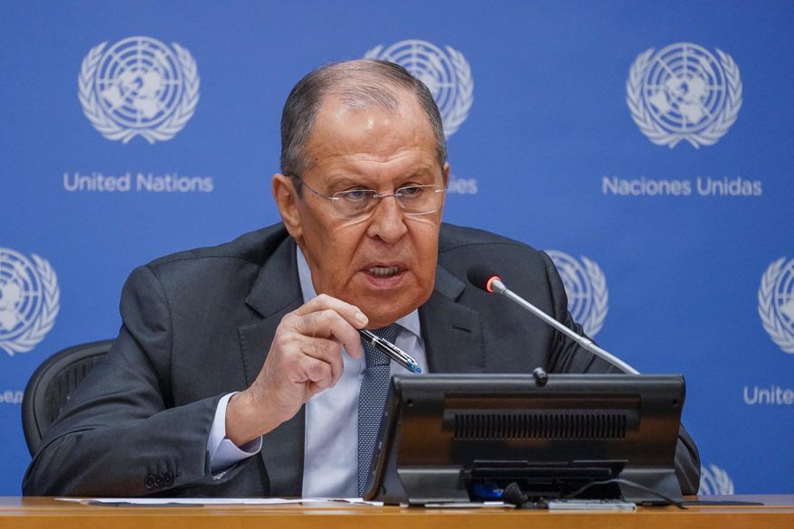Russian Foreign Minister Sergey Lavrov speaks to reporters during a news conference during 76th session of the United Nations General Assembly, Saturday, Sept. 25, 2021 at United Nations headquarters. (AP Photo/Mary Altaffer) ** FILE **