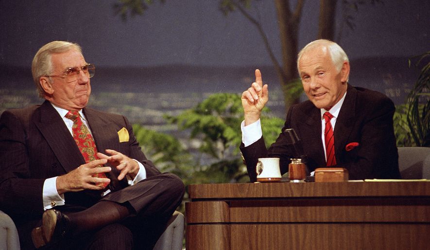 Host Johnny Carson, right, with announcer Ed McMahon during the final taping of the &quot;Tonight Show&quot; on May 22, 1992. (AP Photo/Douglas C. Pizac, File)
