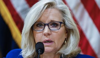 In this July 27, 2021, file photo, Rep. Liz Cheney, R-Wy., listens to testimony from Washington Metropolitan Police Department Officer Daniel Hodges during the House select committee hearing on the Jan. 6 attack on Capitol Hill in Washington. (Jim Bourg/Pool via AP, File)