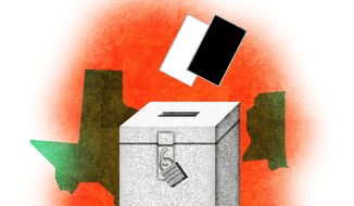 Illustration on state voting laws by Alexander Hunter/The Washington Times