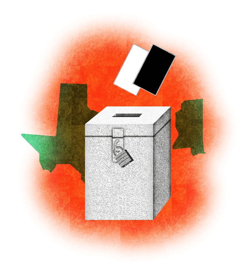 Illustration on state voting laws by Alexander Hunter/The Washington Times