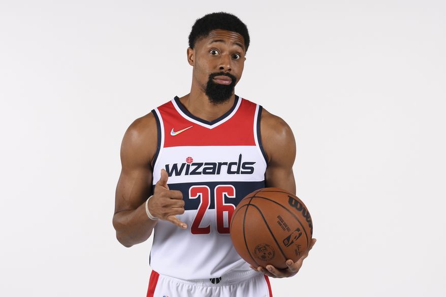 Washington Wizards guard Spencer Dinwiddie poses for a photograph during an NBA basketball media day, Monday, Sept. 27, 2021, in Washington. (AP Photo/Nick Wass) **FILE**