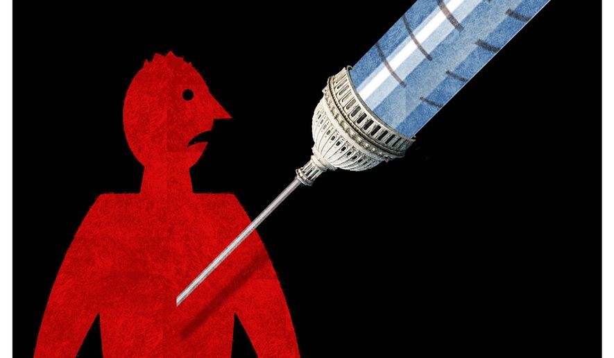 Illustration on vaccine mandates by Alexander Hunter/The Washington Times