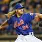 New York Mets&#x27; Noah Syndergaard pitches during the first inning in the second baseball game of a doubleheader against the Miami Marlins Tuesday, Sept. 28, 2021, in New York. (AP Photo/Frank Franklin II)