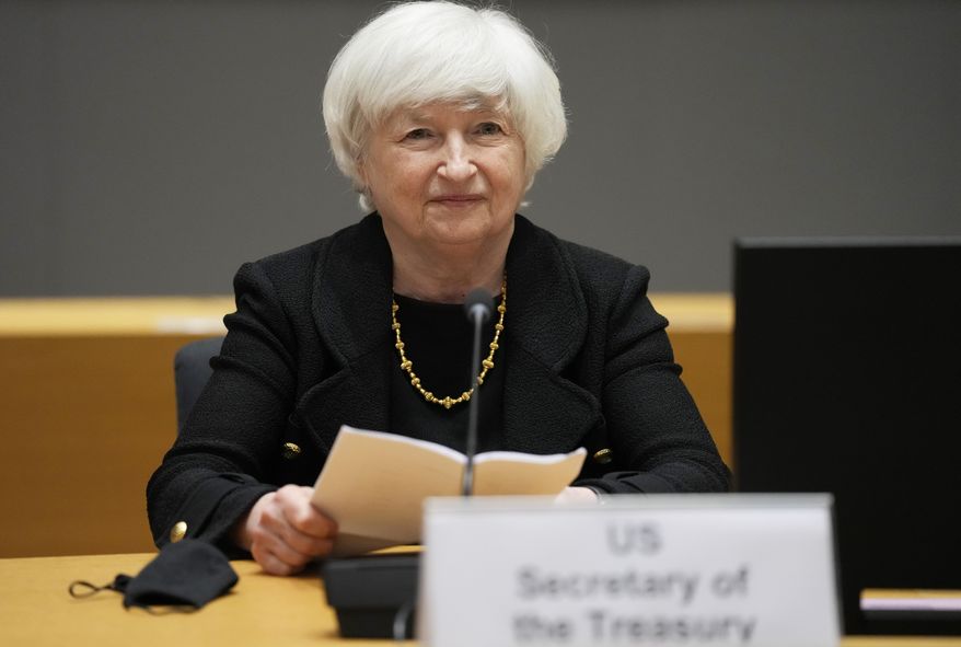 In this July 12, 2021, photo, U.S. Treasury Secretary Janet Yellen prepares to speak during a meeting at the European Council building in Brussels. Yellen is telling Congress that the Treasury Department will likely exhaust all of its “extraordinary measures” to avoid an unprecedented default on the government’s obligations by Oct. 18. In a letter to congressional leaders Tuesday, Sept. 28, 2021 Yellen said her agency had been able to refine its earlier forecast that this deadline would occur some time in October. (AP Photo/Virginia Mayo) **FILE**