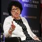 In this Sept. 25, 2019, file photo Supreme Court Justice Sonia Sotomayor speaks during a panel discussion celebrating Sandra Day O&#39;Connor, the first woman to be a Supreme Court Justice at the Library of Congress in Washington. Acknowledging the limits of her own influence on the law as a member of the Supreme Court&#39;s liberal minority, Sotomayor on Wednesday, Sept. 29, 2021, encouraged citizens to work to change laws they may disagree with, like a recent Texas law that limits access to abortions. (AP Photo/Jacquelyn Martin, File)