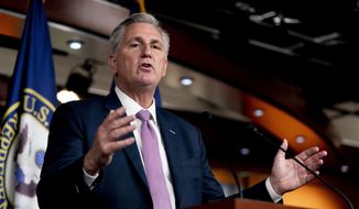 House Minority Leader Kevin McCarthy of Calif. speaks during his weekly press briefing on Capitol Hill, Thursday, Sept. 30, 2021, in Washington. (AP Photo/Andrew Harnik) ** FILE **