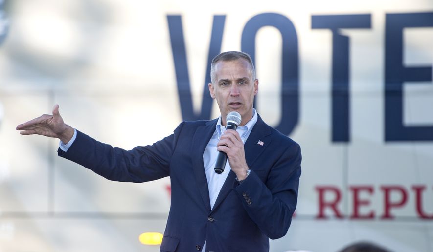 In this Dec. 18, 2020, photo, former Trump campaign manager Corey Lewandowski speaks at the GOP headquarters in Martinez, Ga. (Michael Holahan/The Augusta Chronicle via AP) **FILE**