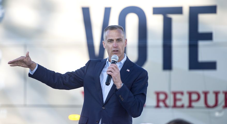 In this Dec. 18, 2020, photo, former Trump campaign manager Corey Lewandowski speaks at the GOP headquarters in Martinez, Ga. (Michael Holahan/The Augusta Chronicle via AP) **FILE**