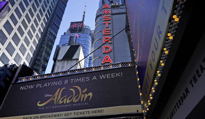 The marquee of the New Amsterdam theater appears in New York, Thursday, Sept. 30, 2021. The hit Broadway show &quot;Aladdin&quot; was canceled Wednesday night when breakthrough COVID-19 cases were reported within the musical&#x27;s company, a day after the show reopened, a worrying sign for Broadway. (AP Photo/Seth Wenig) ** FILE **