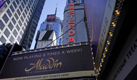 The marquee of the New Amsterdam theater appears in New York, Thursday, Sept. 30, 2021. The hit Broadway show &quot;Aladdin&quot; was canceled Wednesday night when breakthrough COVID-19 cases were reported within the musical&#39;s company, a day after the show reopened, a worrying sign for Broadway. (AP Photo/Seth Wenig) ** FILE **