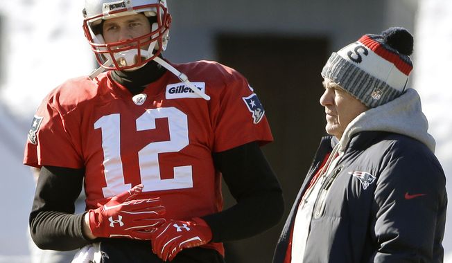 FILE - New England Patriots quarterback Tom Brady, left, stands with head coach Bill Belichick, right, during an NFL football practice, Thursday, Jan. 18, 2018, in Foxborough, Mass. Without Bill Belichick, Tom Brady won his seventh Super Bowl and is on pace to throw a career-high 53 touchdown passes at age 44. Without Brady under center, Belichick is 54-61 over his career, including 8-11 since the future Hall of Fame quarterback left New England for Tampa Bay. (AP Photo/Steven Senne, file)