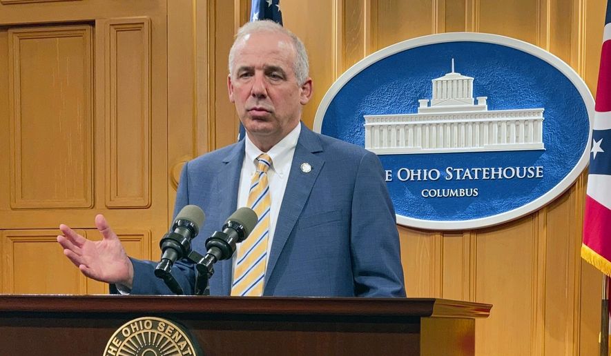 This Wednesday, June 9, 2021, file photo shows Ohio Senate President Matt Huffman discussing the Senate passage of Ohio&#x27;s two-year, $75 billion state budget, in Columbus, Ohio.  State lawmakers in Ohio will miss their initial Thursday, Sept. 30 deadline for redrawing the state’s congressional district maps for the next decade, a key lawmaker says. T  (AP Photo/Andrew Welsh-Huggins, File)