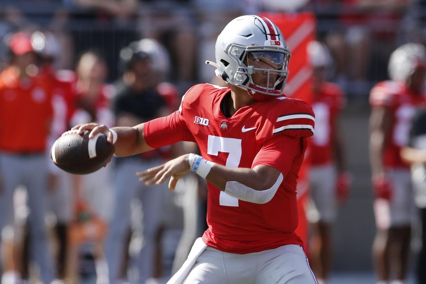 Ohio State quarterback C.J. Stroud drops back to pass against Tulsa during the first half of an NCAA college football game Saturday, Sept. 18, 2021, in Columbus, Ohio. (AP Photo/Jay LaPrete) **FILE**