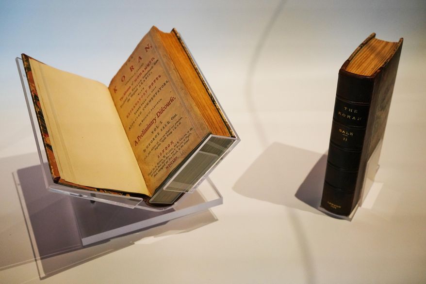 Thomas Jefferson's Quran, which has been used by American politicians at swearing-in ceremonies, sits on display at the U.S. pavilion at the Expo 2020 in Dubai, United Arab Emirates, Friday, Oct. 1, 2021. After eight years of planning and billions of dollars in spending, the Middle East's first ever World Fair opened on Friday in Dubai, with hopes the months-long extravaganza draws both visitors and global attention to this desert-turned-dreamscape. (AP Photo/Jon Gambrell)