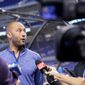 Derek Jeter, CEO of the Miami Marlins, speaks with the news media before a baseball game against the Philadelphia Phillies, Saturday, Oct. 2, 2021, in Miami. (AP Photo/Lynne Sladky)