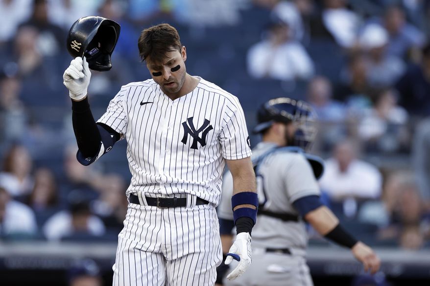 New York Yankees&#39; Joey Gallo reacts after striking out during the eighth inning of a baseball game against the Tampa Bay Rays on Saturday, Oct. 2, 2021, in New York. (AP Photo/Adam Hunger)