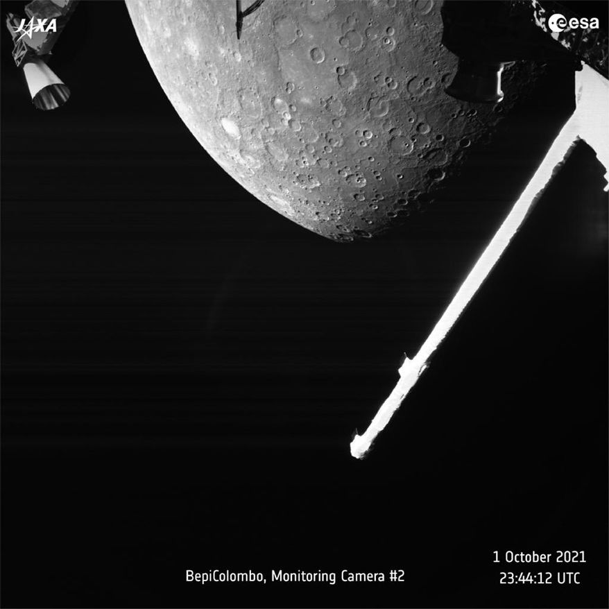 This image made available by the European Space Agency (ESA) shows planet Mercury taken by the joint European-Japanese BepiColombo spacecraft Mercury Transfer Module’s Monitoring Camera 2, Friday, Oct. 1, 2021. (ESA via AP)