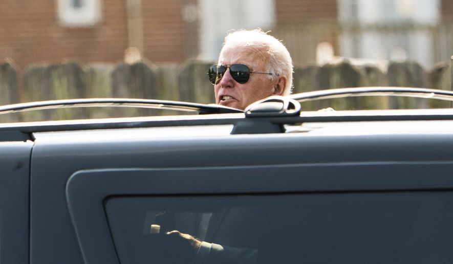President Joe Biden answers reporters&#39; questions as he gets in his vehicle after having breakfast with his daughter-in-law Hallie Biden and his grandchildren Natalie Biden and Hunter Biden at a coffee shop in Wilmington, Del., Sunday, Oct. 3, 2021. (AP Photo/Manuel Balce Ceneta) ** FILE **