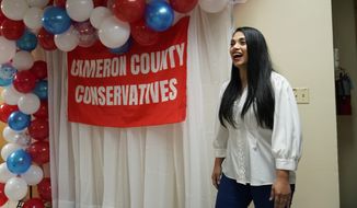 In this Wednesday, Sept. 22, 2021, photo Republican congressional candidate Mayra Flores attends a Cameron County Conservatives event in Brownsville, Texas. Flores argues that Democrats are forcing Texans choose between their energy sector jobs and curbing climate change. (AP Photo/Eric Gay)