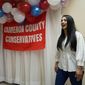 In this Wednesday, Sept. 22, 2021, photo Republican congressional candidate Mayra Flores attends a Cameron County Conservatives event in Brownsville, Texas. Flores argues that Democrats are forcing Texans choose between their energy sector jobs and curbing climate change. (AP Photo/Eric Gay)