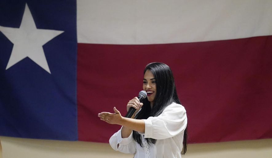 In this Wednesday, Sept. 22, 2021, photo Republican congressional candidate Mayra Flores speaks at a Cameron County Conservatives event in Brownsville, Texas. Flores argues that Democrats are forcing Texans choose between their energy sector jobs and curbing climate change. (AP Photo/Eric Gay) ** FILE **