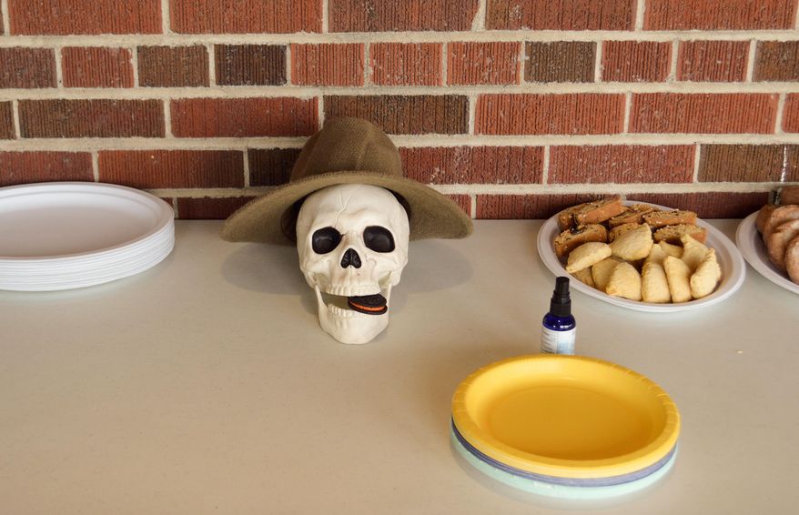 A plastic skull named Edward welcomed participants to the Death Cafe at the Shane Lalani Center for the Arts in Livingston, Mont., on Sunday, Sept. 20, 2021. Mariana Olsen and her husband, Will Bernard, brought Death Cafe to Livingston to break the taboo of discussing death. (Alex Miller, Bozeman Daily Chronicle)